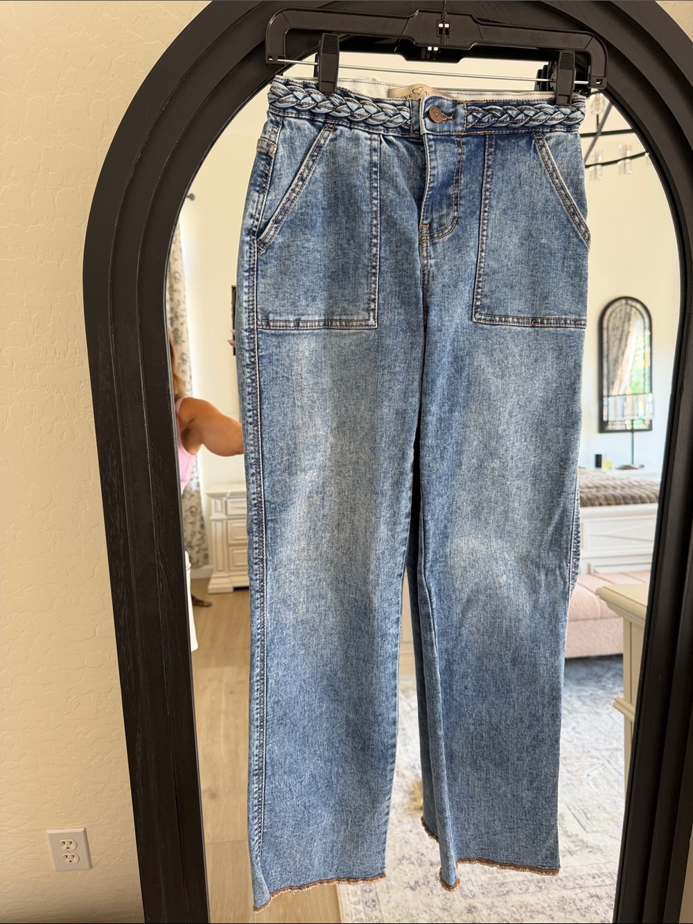 Light Blue Straight Leg Jeans with Braided Waist